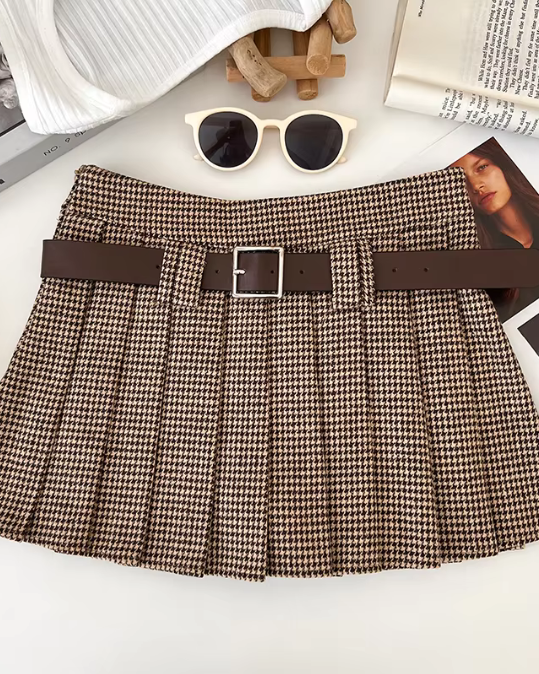 Brown Pleated Belt Skirt