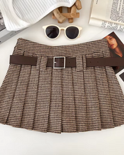 Brown Pleated Belt Skirt