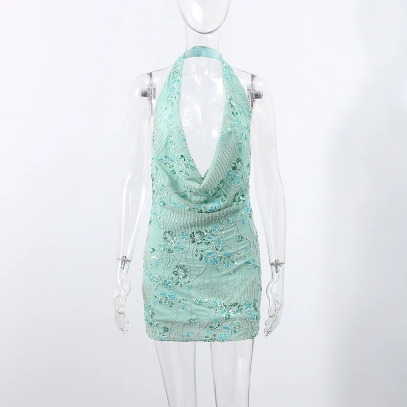 Embroidery Backless Halter Dress