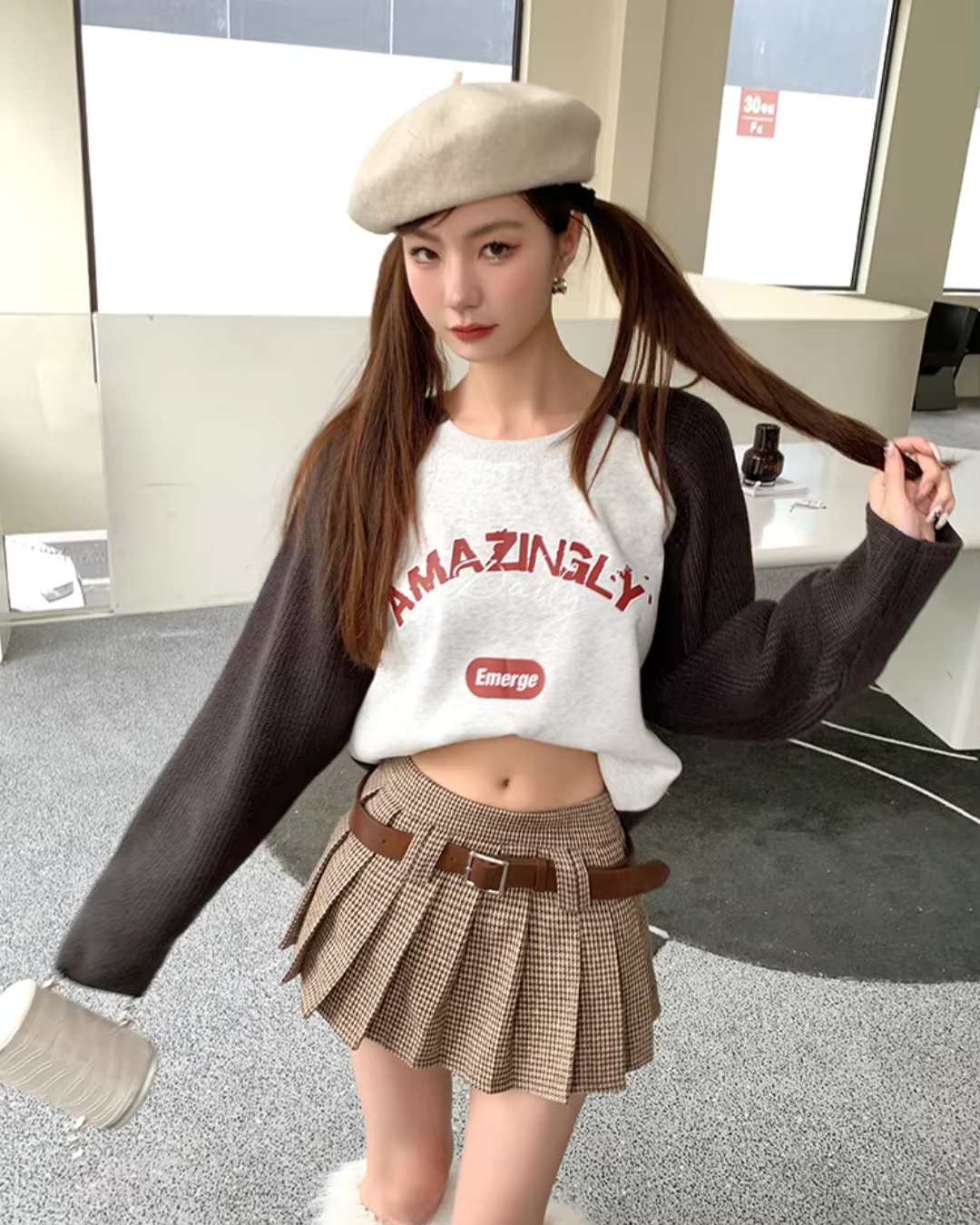 Brown Pleated Belt Skirt