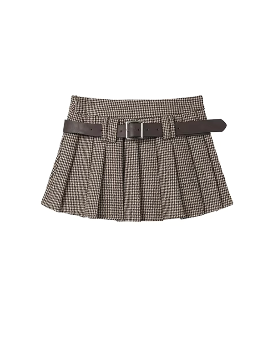 Brown Pleated Belt Skirt
