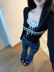 Anne Black Frill Lace Top