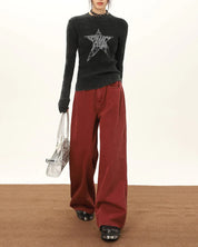 Wide Leg Wine Red Jeans