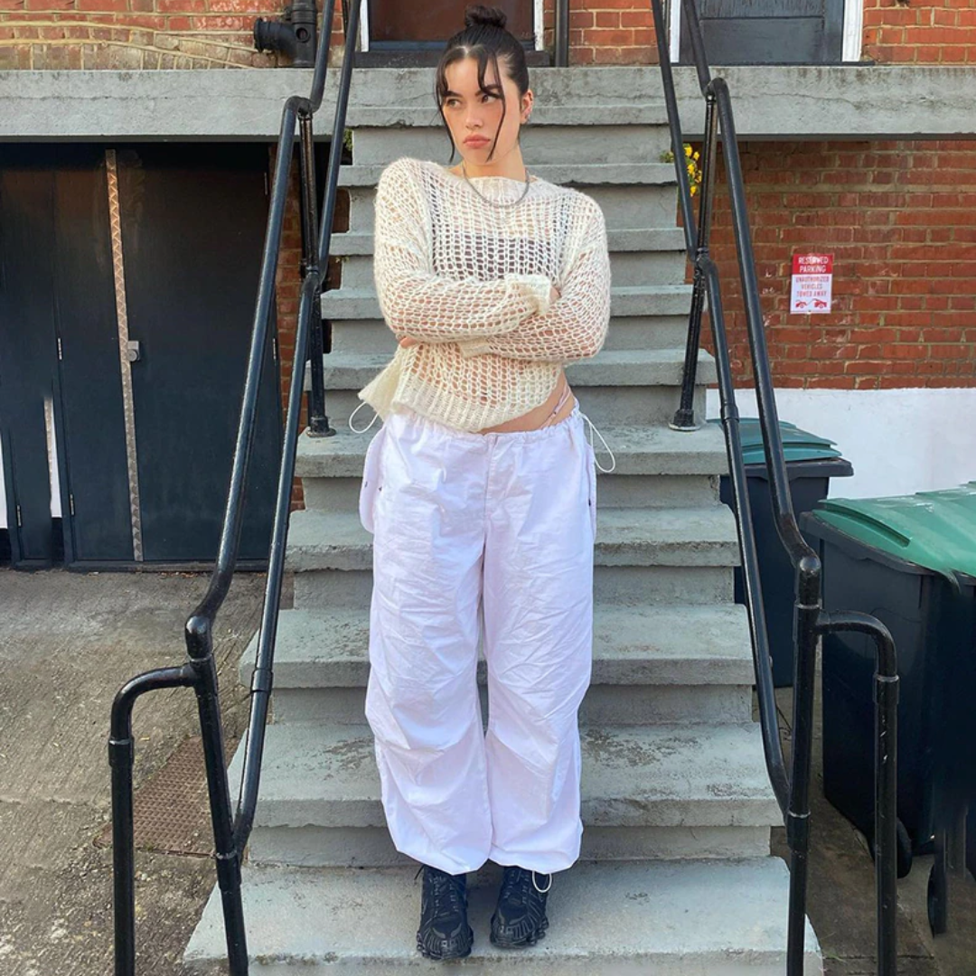 White Polyester Parachute Pants