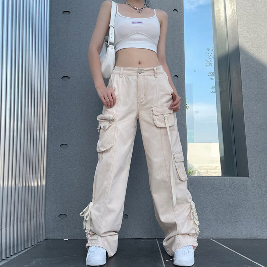 ruched beige parachute pants