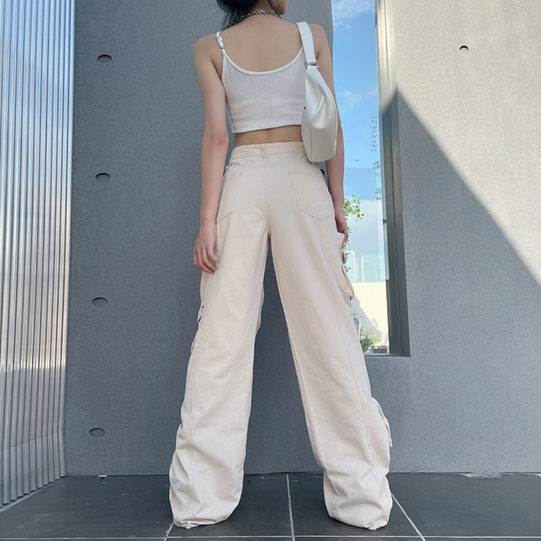 Ruched Beige Parachute Pants