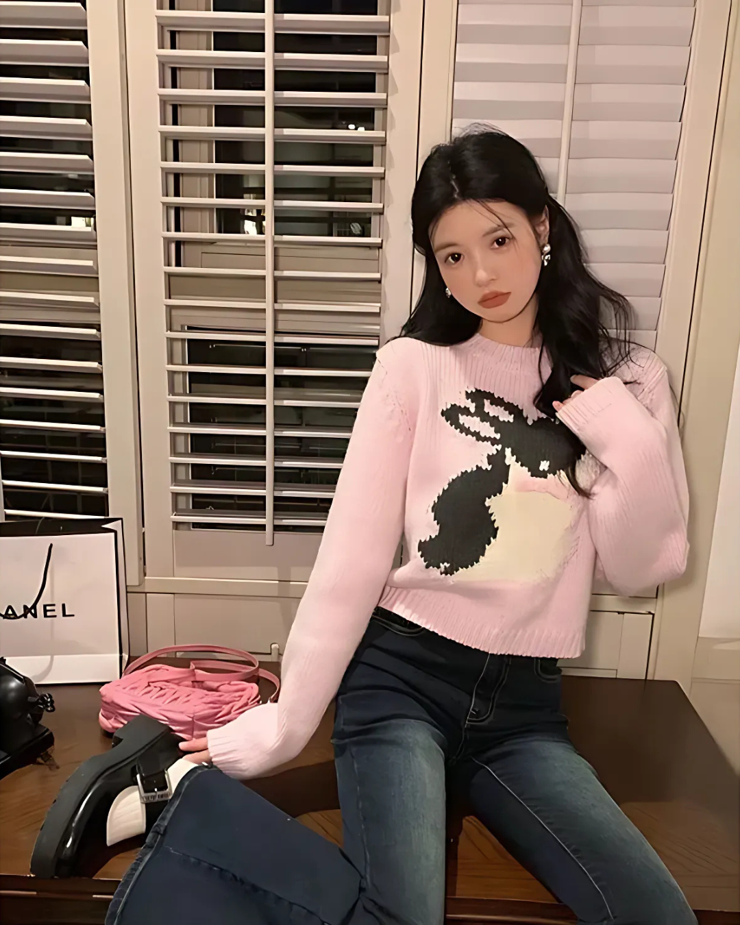 Cropped Pink Knit Animal Sweater