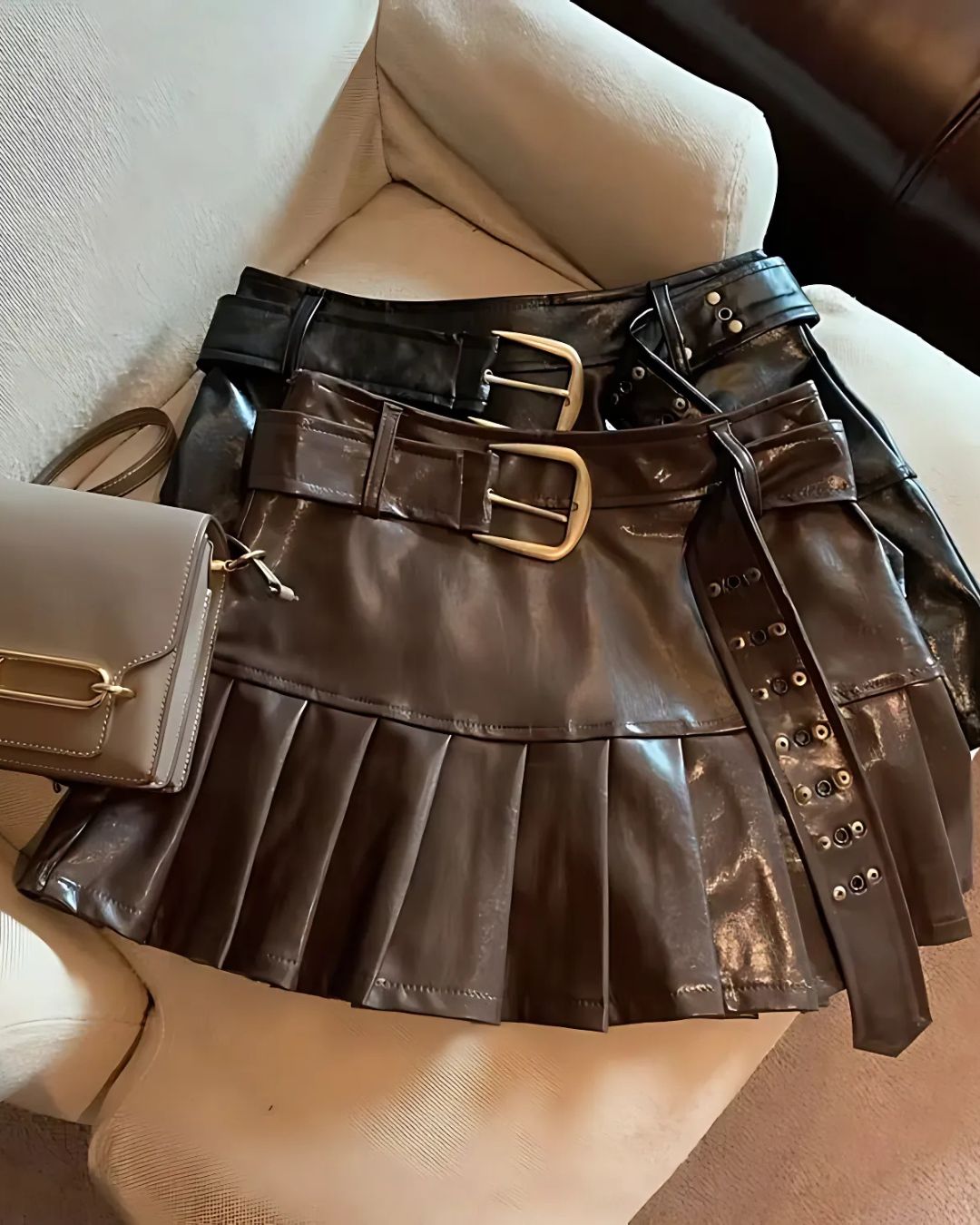 Women's Pleated Pu Leather Skirt