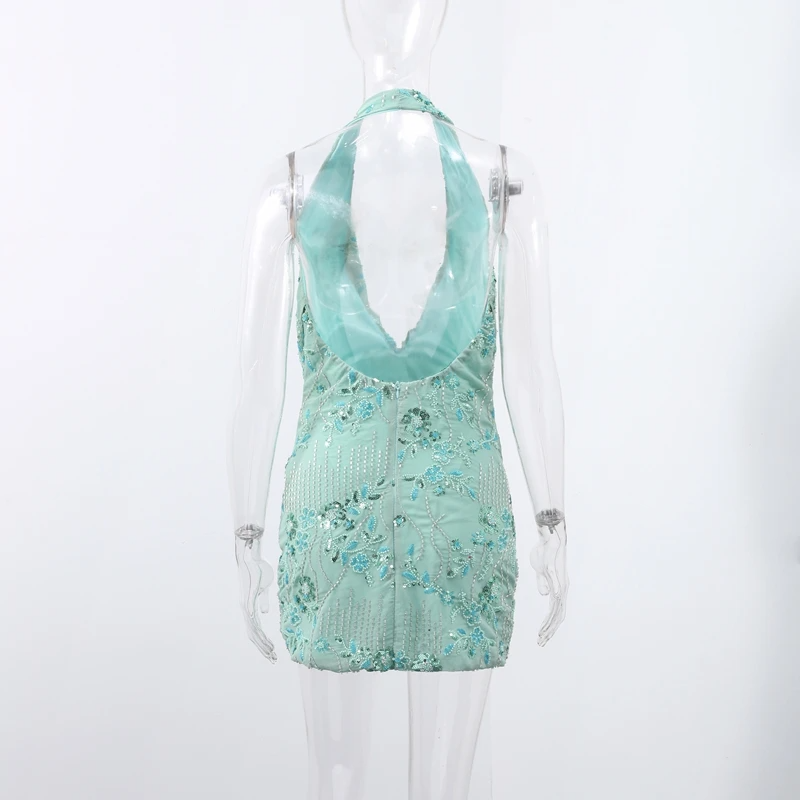 Embroidery Backless Halter Dress