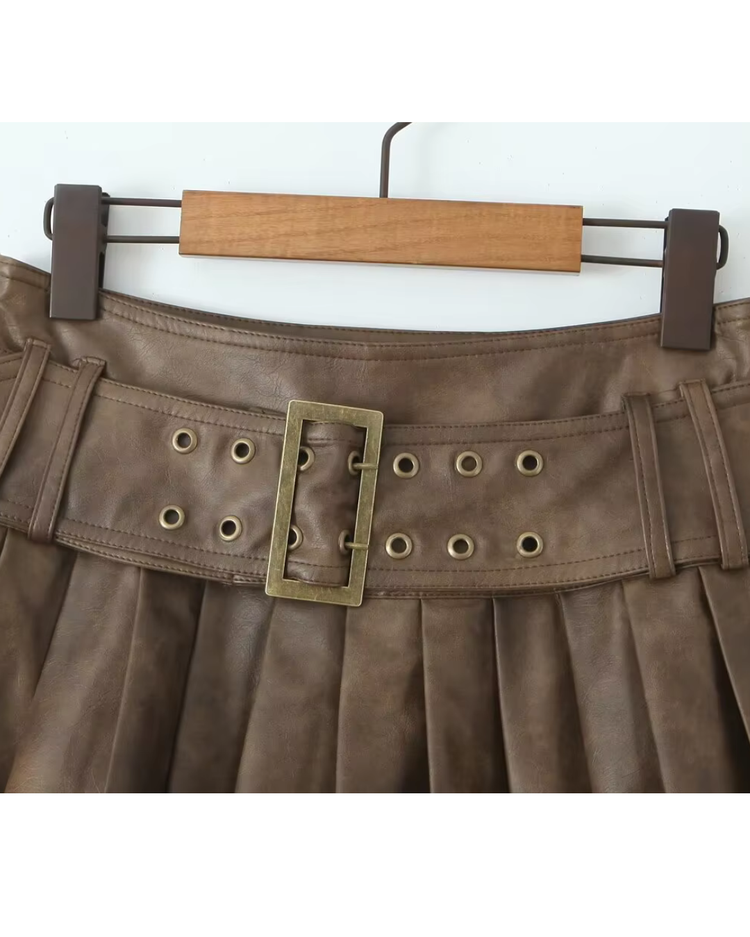 Pleated Leather Belt Skirt