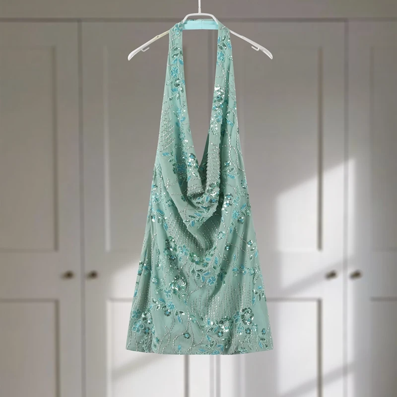 Embroidery Backless Halter Dress