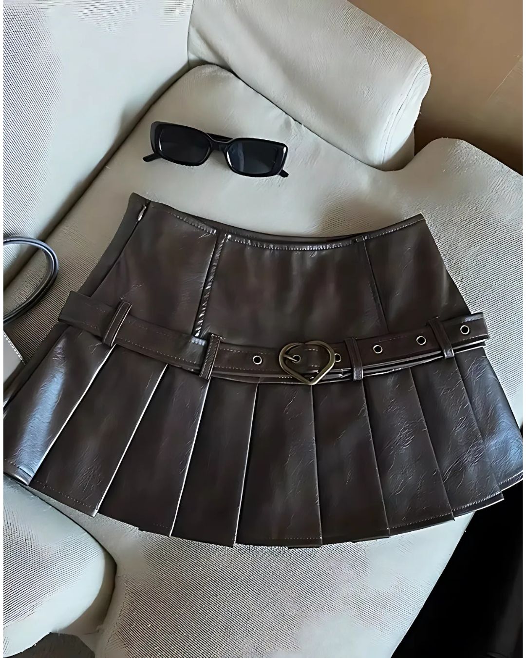 Heart Belt Leather Pleated Skirt Retro