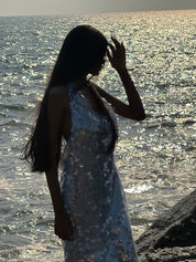 Blue Sequin Halter Back Dress