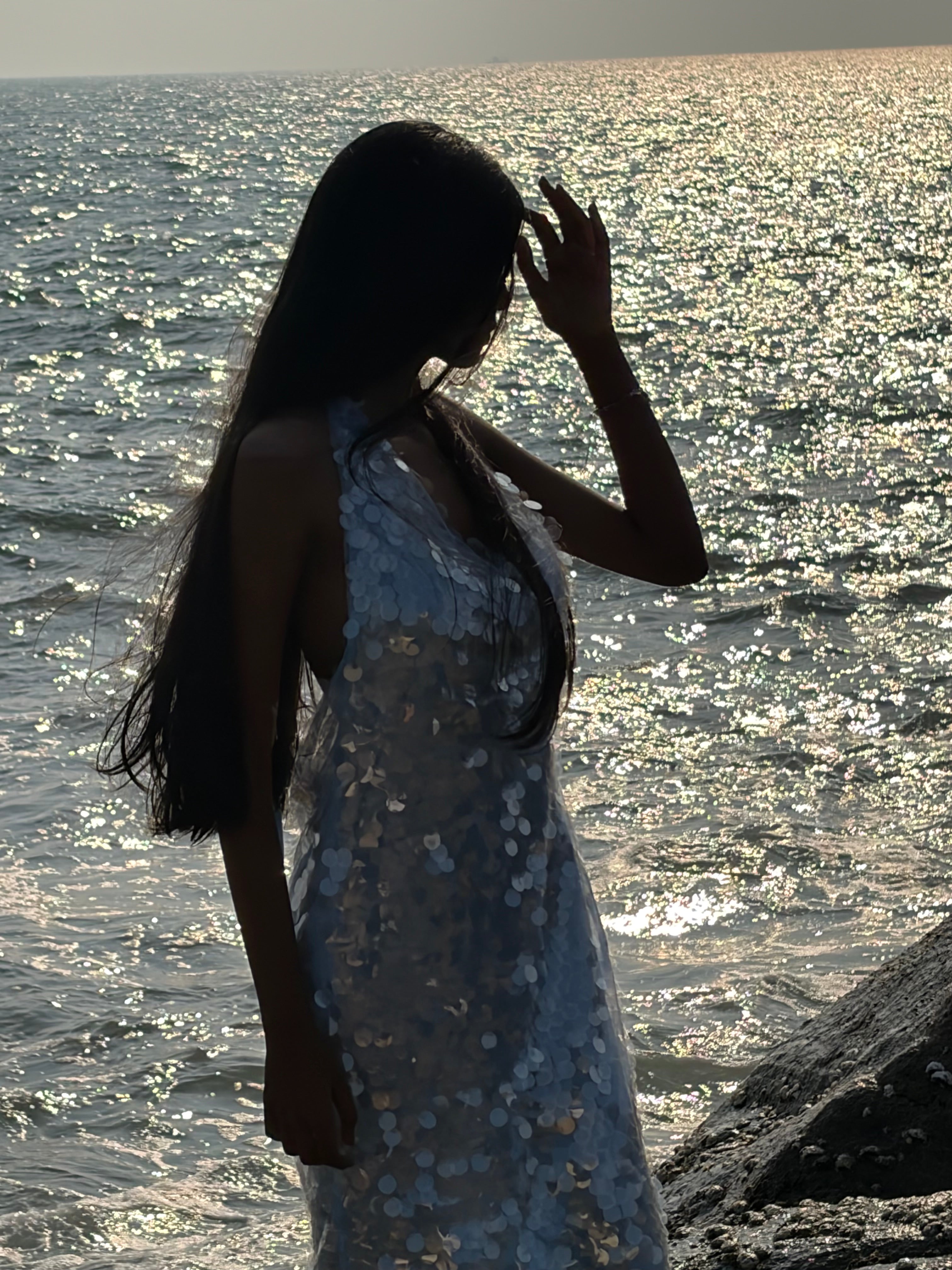 Blue Sequin Halter Back Dress