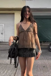 Backless V-neck Brown Top
