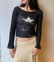 Black Thin Flower Knit Top