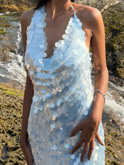 Blue Sequin Halter Back Dress