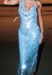 Blue Sequin Halter Back Dress