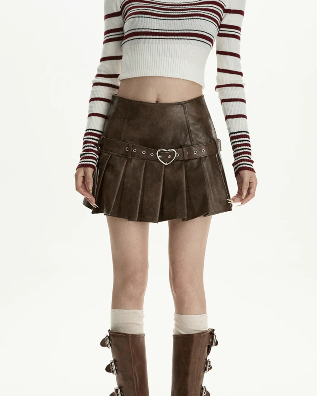 Heart Belt Leather Pleated Skirt Retro