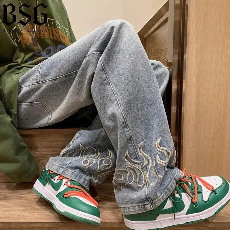 Jeans Dunk Low Black Outfit Flames Unisex Embroidered Jeans