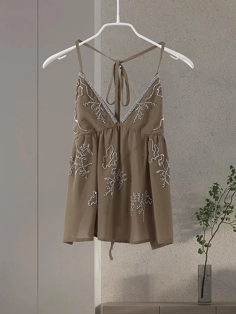 Backless V-neck Brown Top