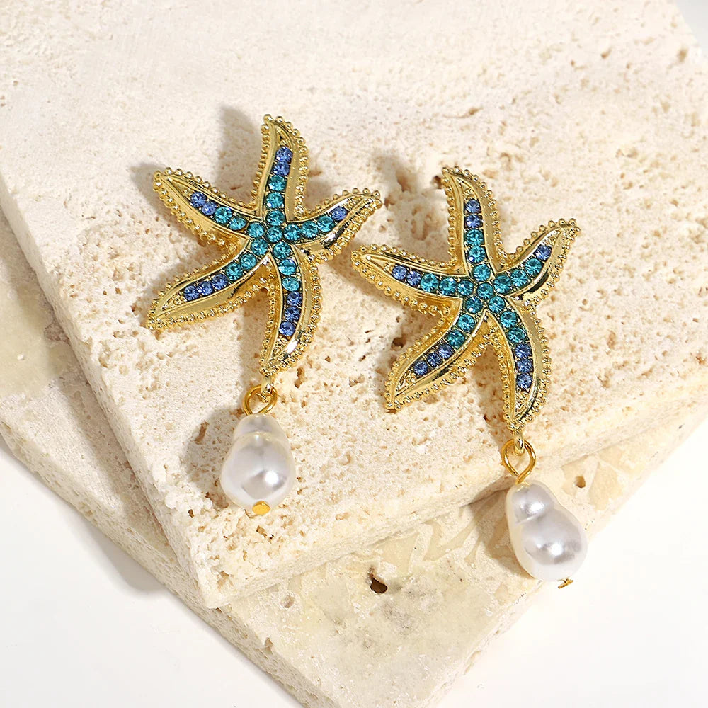 Deliah Pearl Rhinestone Starfish Earrings