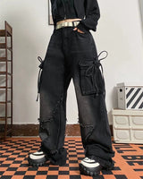 Star Patch Cargo Tie Black Jeans