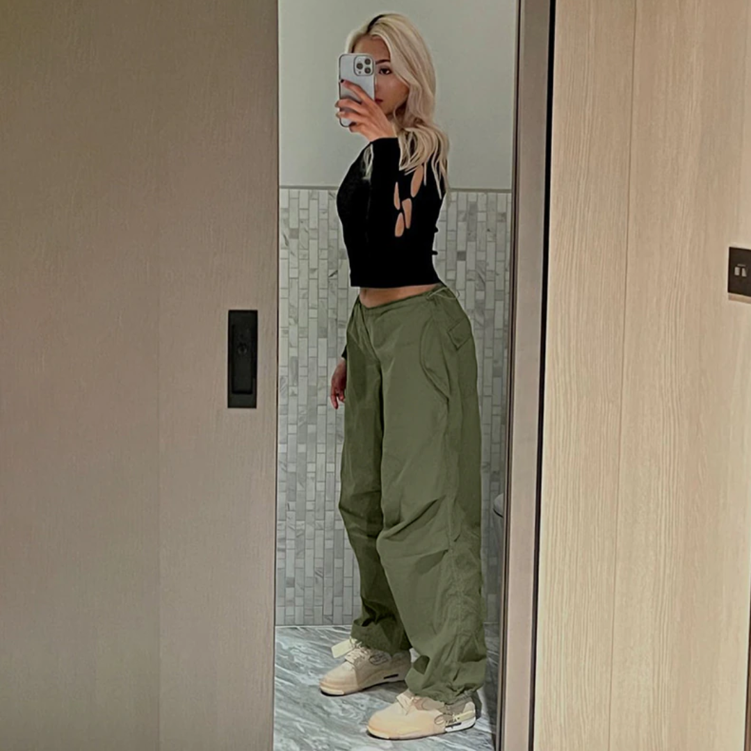 Green Polyester Parachute Pants