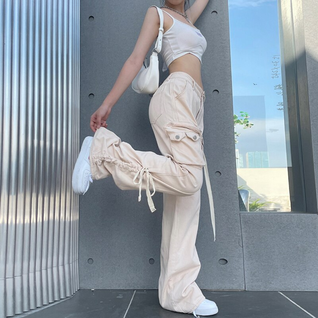 ruched beige parachute pants