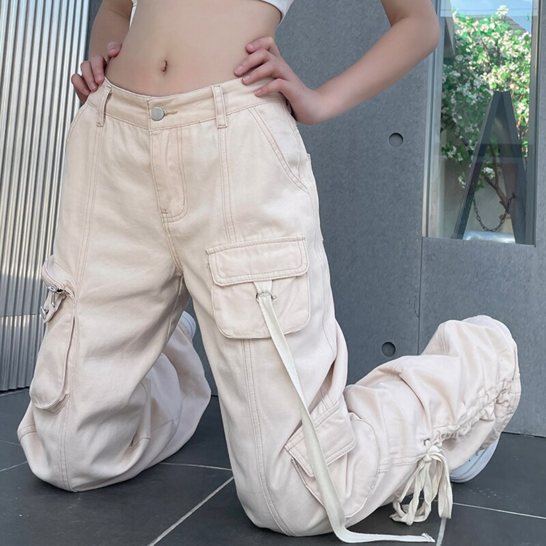 ruched beige parachute pants