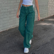 Green Contrast Stitch Low Waist Jeans